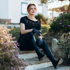 B Vertigo Women's Natalia Boat Neck Shirt W/Lace Detail - Dark Navy -Riding Apparel Store 543910 800 800