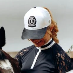 B Vertigo Women's Satin Cap - White/Dark Navy -Riding Apparel Store 544385 800 800